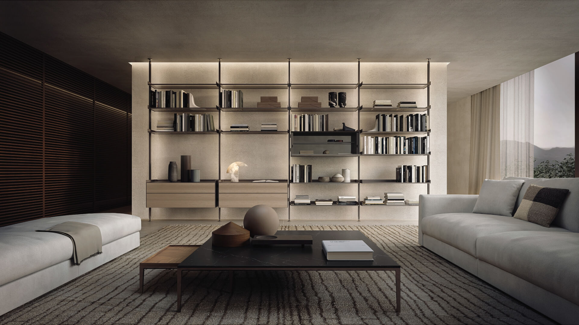 Parete libreria con boiserie e mensole Lounge